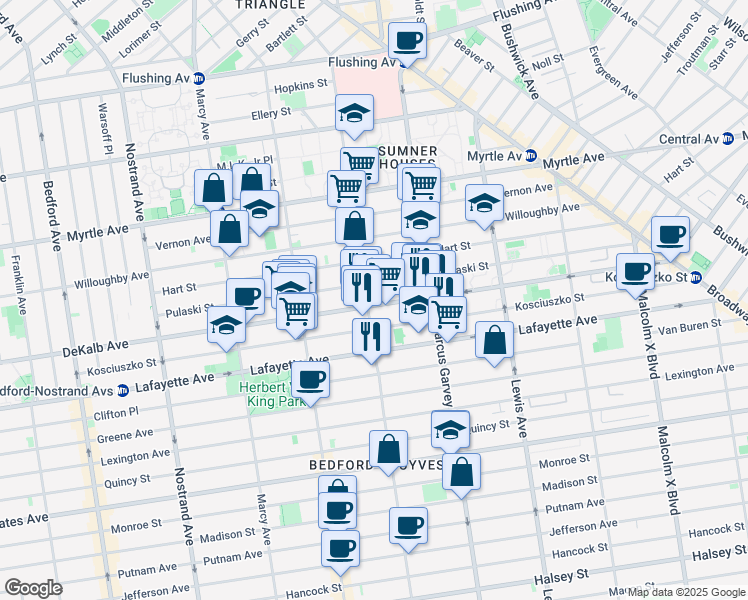 map of restaurants, bars, coffee shops, grocery stores, and more near 843 Dekalb Avenue in Brooklyn