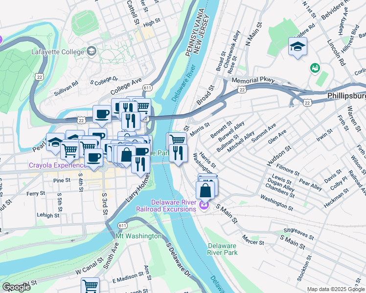 map of restaurants, bars, coffee shops, grocery stores, and more near 18 North Main Street in Phillipsburg