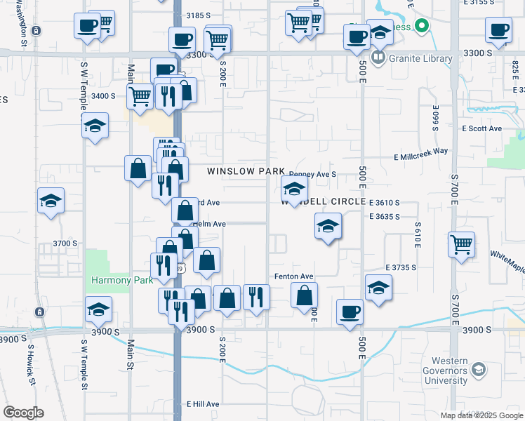 map of restaurants, bars, coffee shops, grocery stores, and more near 3618 South 300 East in South Salt Lake