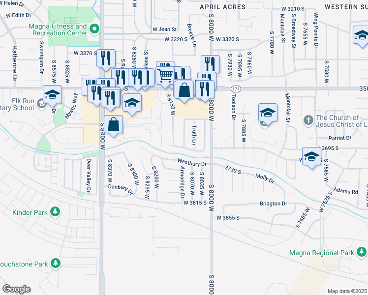 map of restaurants, bars, coffee shops, grocery stores, and more near Country West Drive in Magna