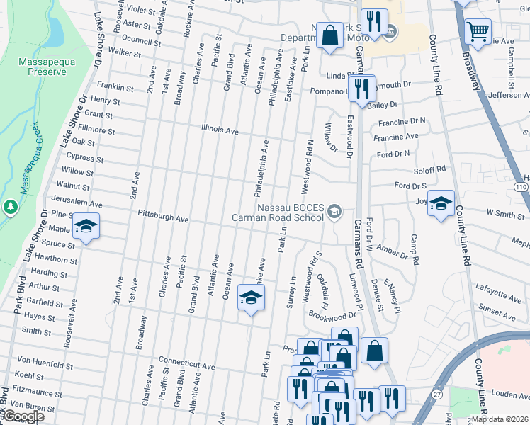 map of restaurants, bars, coffee shops, grocery stores, and more near 307 Eastlake Avenue in Massapequa Park