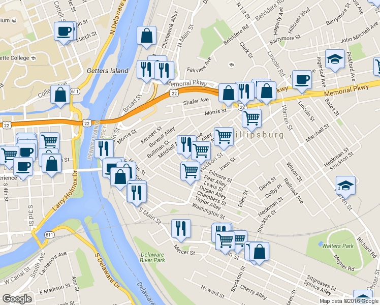 map of restaurants, bars, coffee shops, grocery stores, and more near 21 Glen Avenue in Phillipsburg