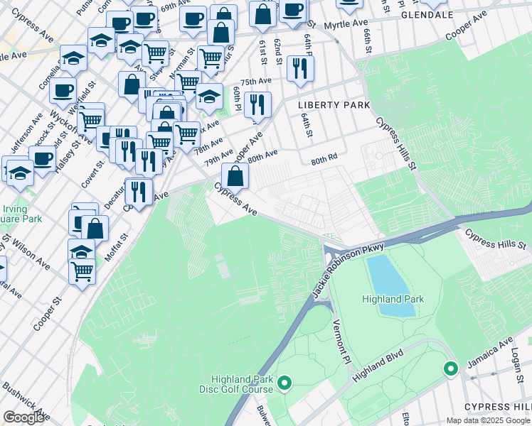 map of restaurants, bars, coffee shops, grocery stores, and more near 80-97 Cypress Avenue in Queens