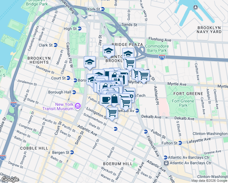 map of restaurants, bars, coffee shops, grocery stores, and more near 365 Bridge Street in Brooklyn