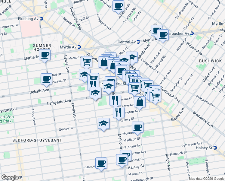 map of restaurants, bars, coffee shops, grocery stores, and more near in Brooklyn