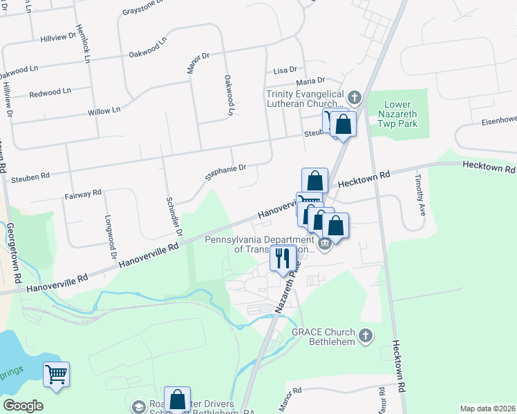 map of restaurants, bars, coffee shops, grocery stores, and more near 4505 Hanoverville Road in Bethlehem