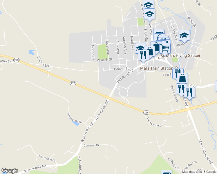 map of restaurants, bars, coffee shops, grocery stores, and more near 552 Pittsburgh Street in Mars