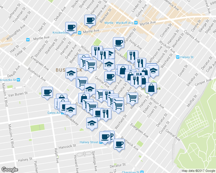 map of restaurants, bars, coffee shops, grocery stores, and more near Central Ave & Madison St in Brooklyn
