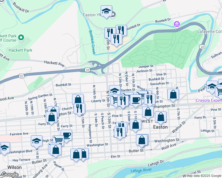 map of restaurants, bars, coffee shops, grocery stores, and more near 127 North 13th Street in Easton