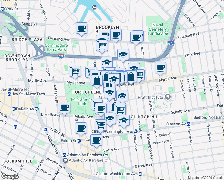 map of restaurants, bars, coffee shops, grocery stores, and more near 170 Clermont Avenue in Brooklyn