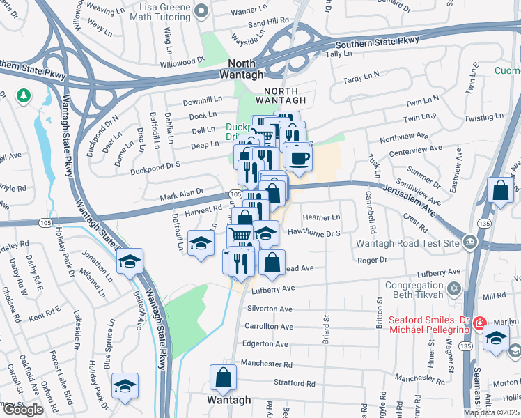 map of restaurants, bars, coffee shops, grocery stores, and more near 1245 Wantagh Avenue in Wantagh