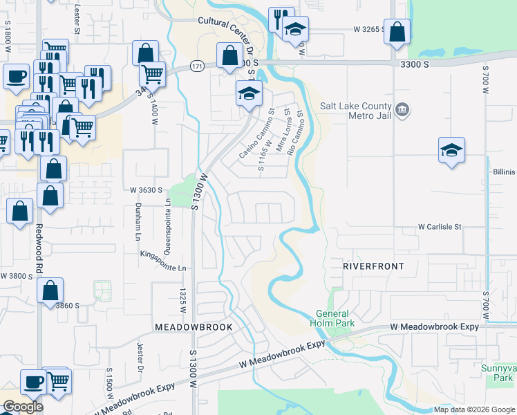 map of restaurants, bars, coffee shops, grocery stores, and more near 1181 River Bank Road in West Valley City