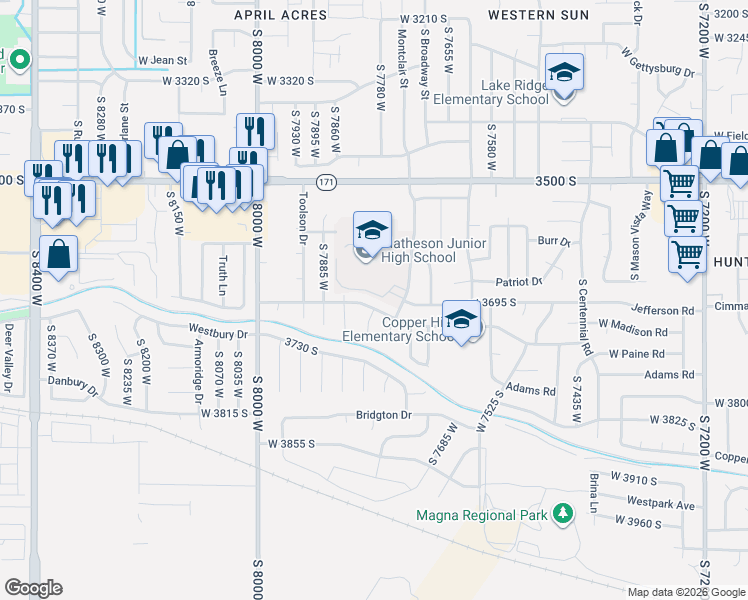 map of restaurants, bars, coffee shops, grocery stores, and more near 7779 Washington Road in Magna
