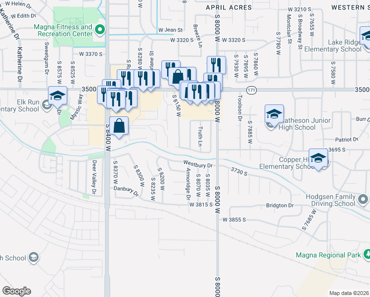 map of restaurants, bars, coffee shops, grocery stores, and more near 8108 Westbury Drive in Magna