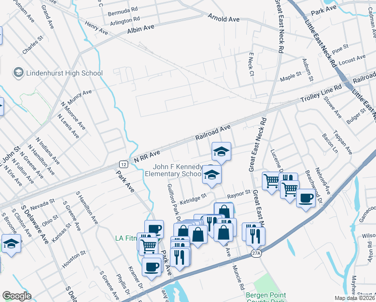 map of restaurants, bars, coffee shops, grocery stores, and more near 122 Nill Street in West Babylon