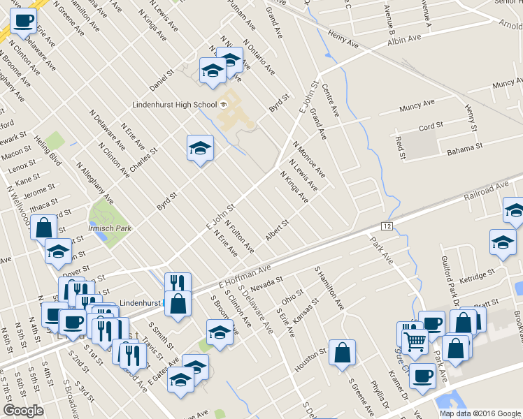 map of restaurants, bars, coffee shops, grocery stores, and more near 133 North Hamilton Avenue in Lindenhurst