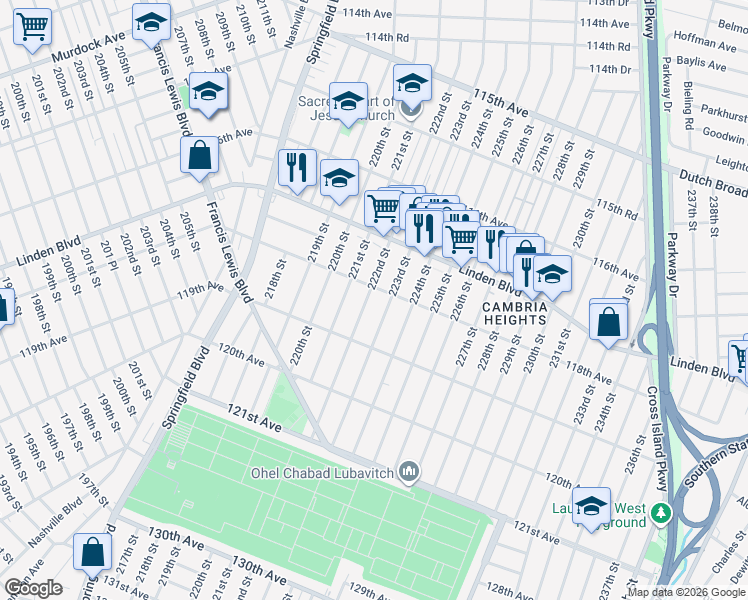 map of restaurants, bars, coffee shops, grocery stores, and more near 118-27 223rd Street in Queens