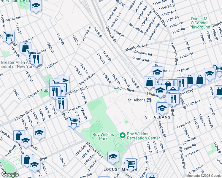 map of restaurants, bars, coffee shops, grocery stores, and more near 114-92 177th Place in Queens