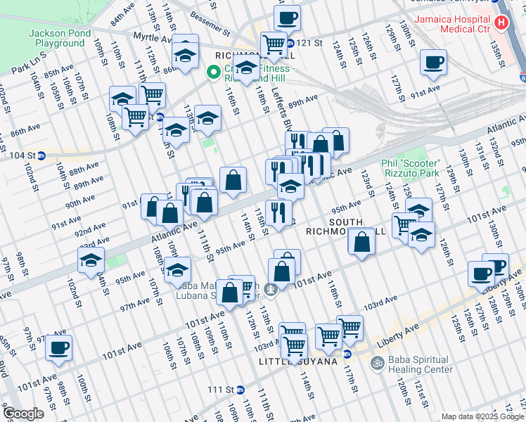 map of restaurants, bars, coffee shops, grocery stores, and more near 94-29 114th Street in Queens
