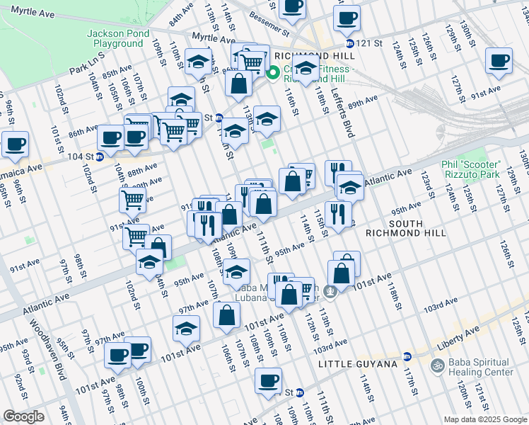 map of restaurants, bars, coffee shops, grocery stores, and more near 11102 Atlantic Avenue in Queens