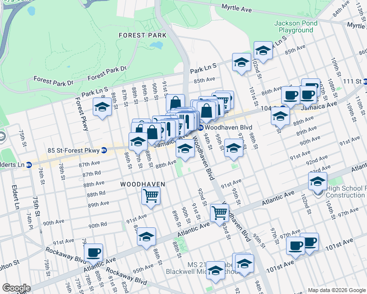 map of restaurants, bars, coffee shops, grocery stores, and more near 9206 88th Avenue in Queens