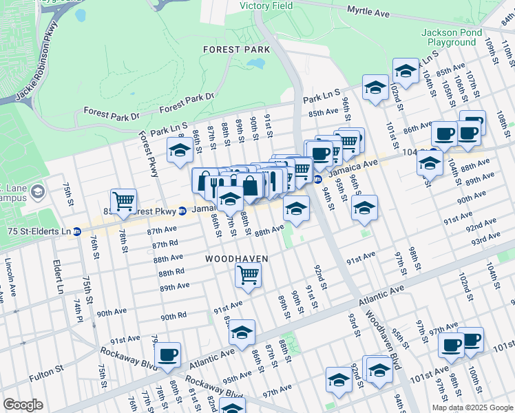 map of restaurants, bars, coffee shops, grocery stores, and more near 87-14 88th Street in Queens