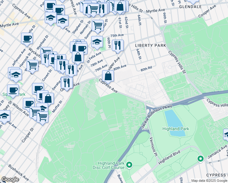 map of restaurants, bars, coffee shops, grocery stores, and more near 80-97 Cypress Avenue in Queens