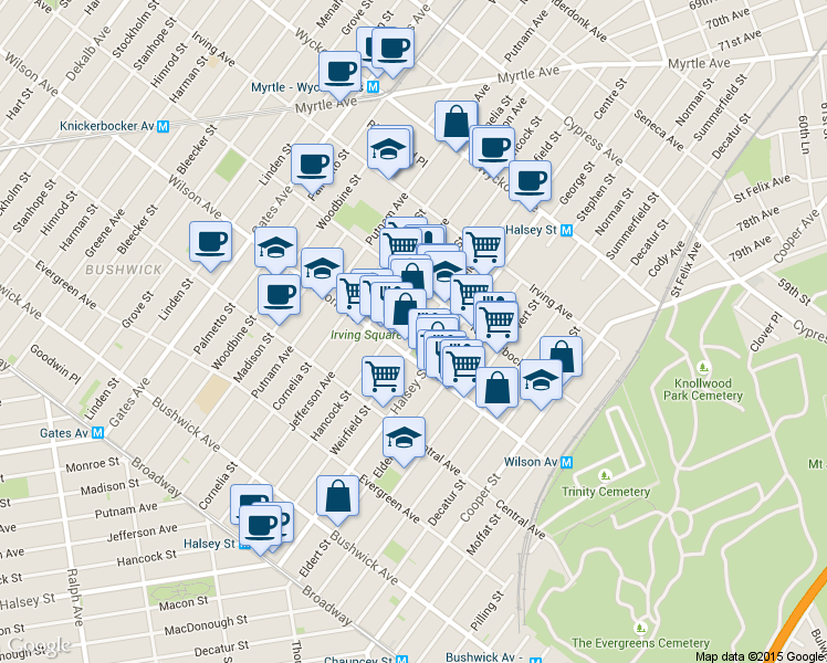 map of restaurants, bars, coffee shops, grocery stores, and more near 567 Wilson Avenue in Brooklyn