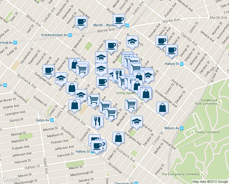 map of restaurants, bars, coffee shops, grocery stores, and more near 461 Central Avenue in Brooklyn