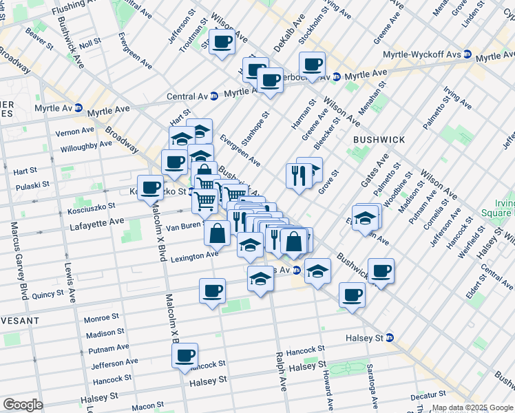 map of restaurants, bars, coffee shops, grocery stores, and more near 13 Goodwin Place in Brooklyn