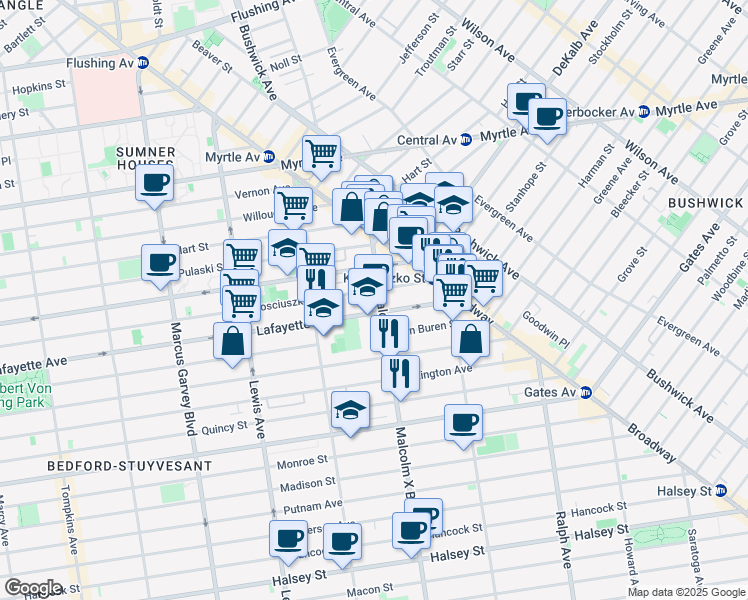 map of restaurants, bars, coffee shops, grocery stores, and more near 117 Stuyvesant Avenue in Brooklyn