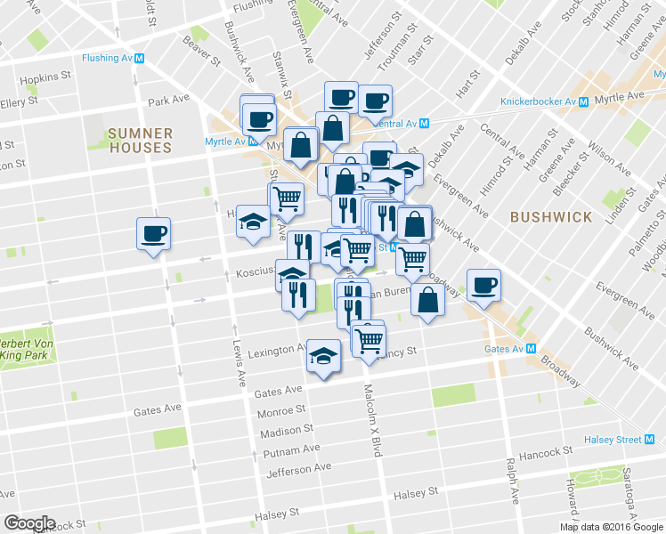 map of restaurants, bars, coffee shops, grocery stores, and more near 117 Stuyvesant Avenue in Brooklyn