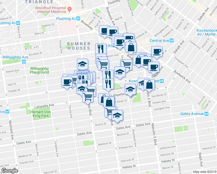map of restaurants, bars, coffee shops, grocery stores, and more near 143 Lewis Avenue in Brooklyn