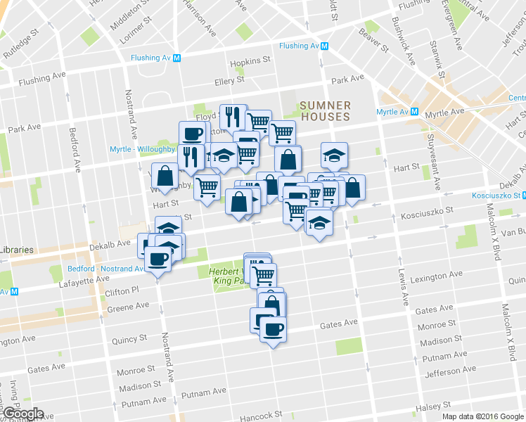 map of restaurants, bars, coffee shops, grocery stores, and more near 209 Tompkins Avenue in Brooklyn