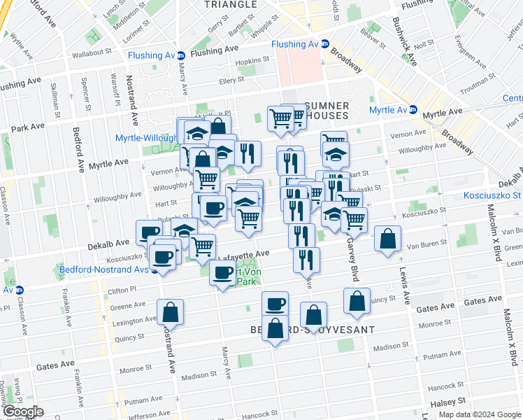 map of restaurants, bars, coffee shops, grocery stores, and more near 209 Tompkins Avenue in Brooklyn