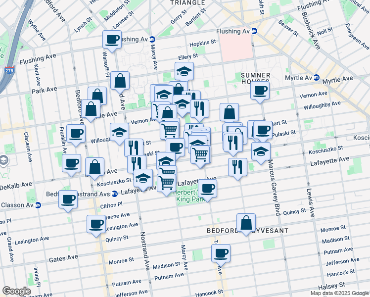 map of restaurants, bars, coffee shops, grocery stores, and more near 132 Pulaski Street in Brooklyn