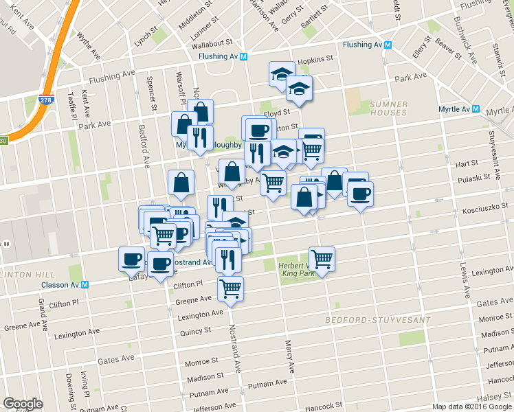 map of restaurants, bars, coffee shops, grocery stores, and more near 42 Pulaski Street in Brooklyn