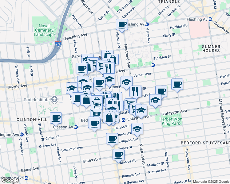 map of restaurants, bars, coffee shops, grocery stores, and more near 205 Spencer Street in Brooklyn