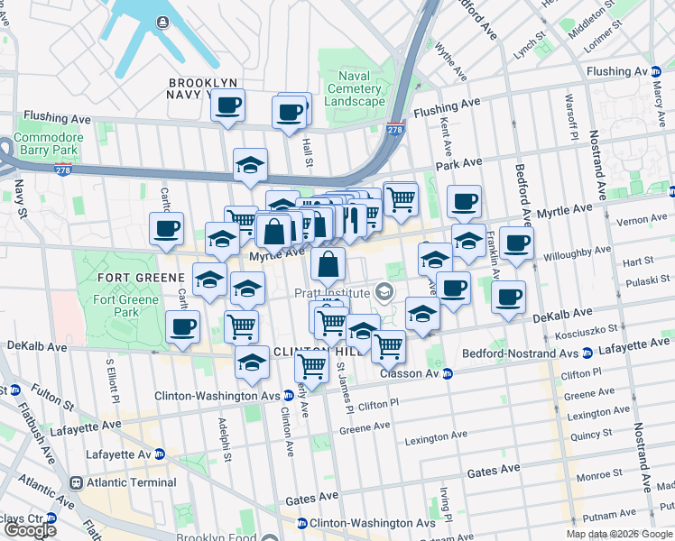 map of restaurants, bars, coffee shops, grocery stores, and more near in Brooklyn