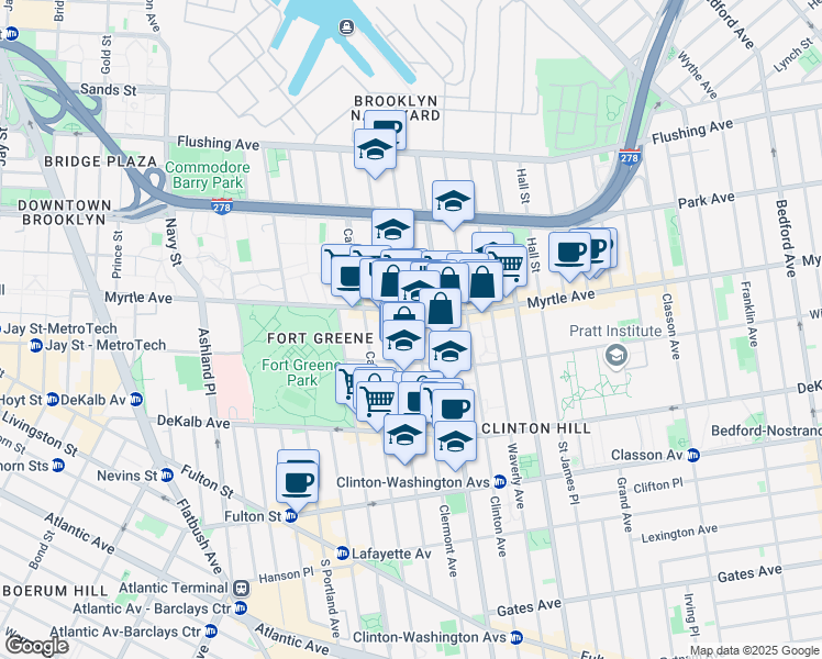 map of restaurants, bars, coffee shops, grocery stores, and more near 192 Clermont Avenue in Brooklyn