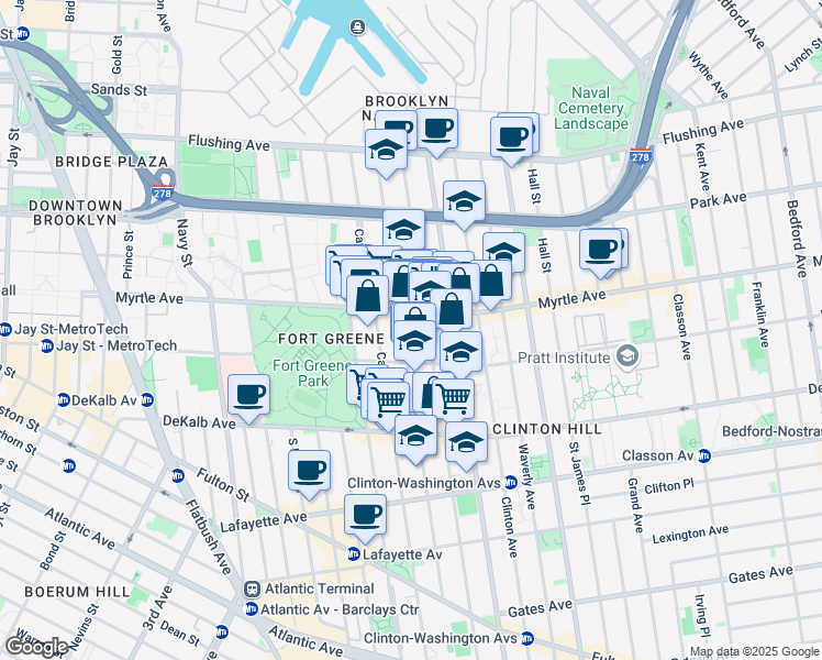 map of restaurants, bars, coffee shops, grocery stores, and more near 192 Clermont Avenue in Brooklyn