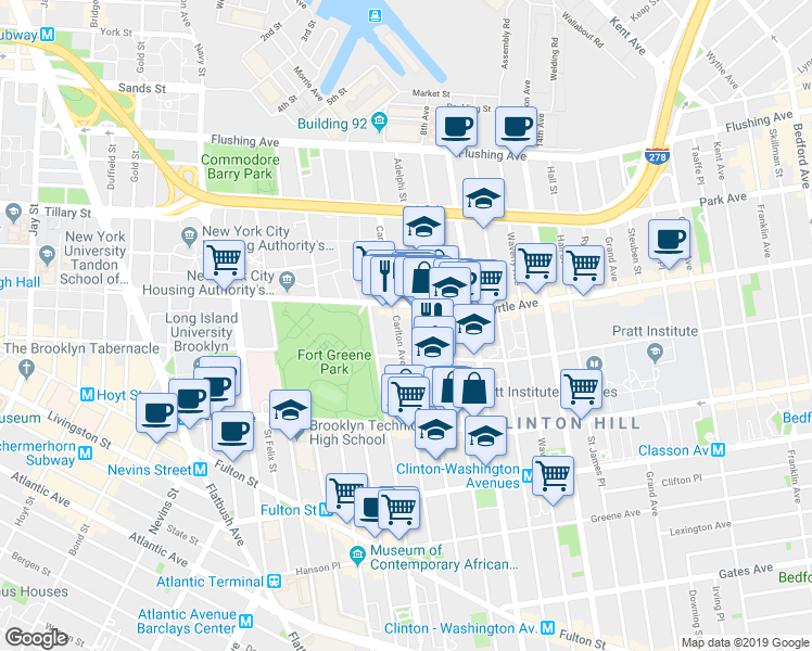 map of restaurants, bars, coffee shops, grocery stores, and more near 191 Carlton Avenue in Brooklyn
