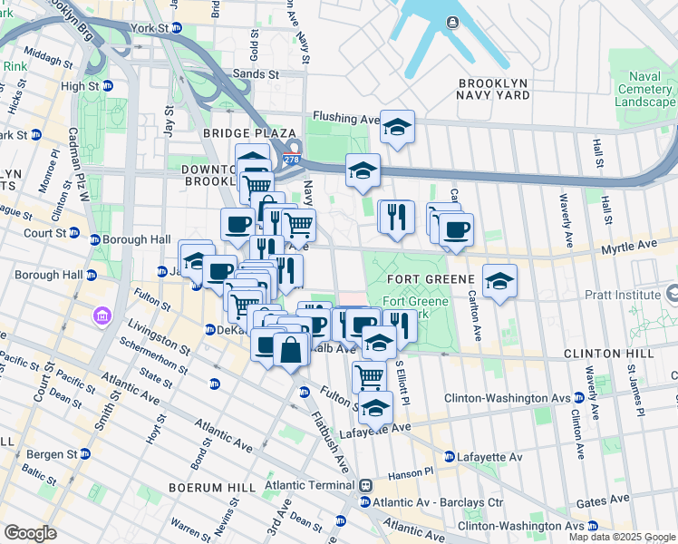 map of restaurants, bars, coffee shops, grocery stores, and more near 135 Willoughby Street in Brooklyn