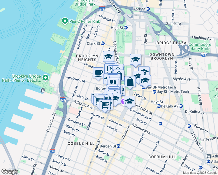 map of restaurants, bars, coffee shops, grocery stores, and more near 67 Livingston Street in Brooklyn