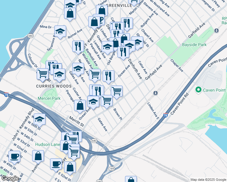 map of restaurants, bars, coffee shops, grocery stores, and more near 64 Winfield Avenue in Jersey City