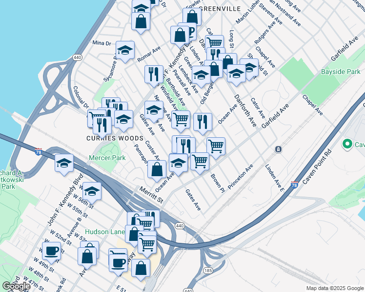 map of restaurants, bars, coffee shops, grocery stores, and more near in Jersey City