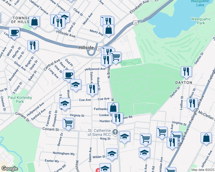 map of restaurants, bars, coffee shops, grocery stores, and more near 1216 North Broad Street in Hillside