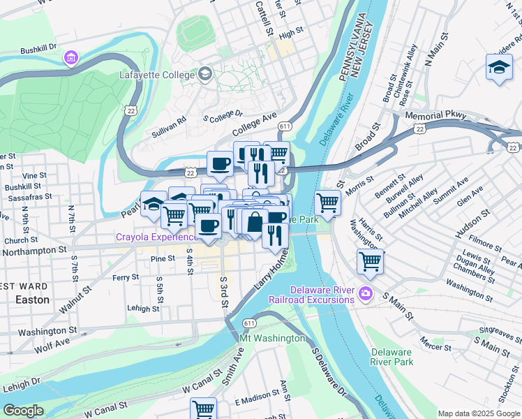 map of restaurants, bars, coffee shops, grocery stores, and more near 27 North 2nd Street in Easton