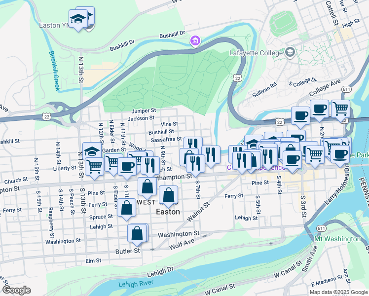 map of restaurants, bars, coffee shops, grocery stores, and more near 719 Pearl Street in Easton
