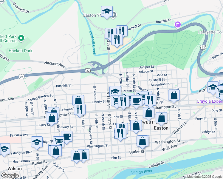 map of restaurants, bars, coffee shops, grocery stores, and more near 127 North 13th Street in Easton